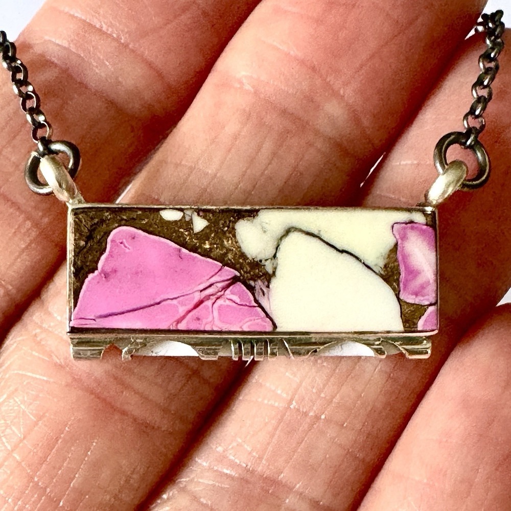 Navajo Bar Necklace‎ Cotton Candy Turquoise 17" Signed Francisco Sterling Pink